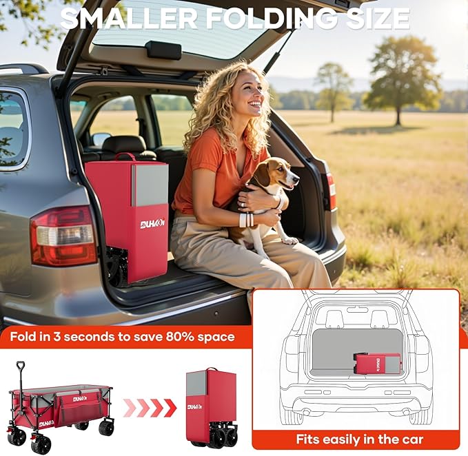 49" L Collapsible Extended Wagon with 500lbs Weight Capacity,300L Heavy Duty Sports Wagon,Big All-Terrian Wheels with Cup Holders,Cart for Sports,Grocery,Shopping,(Rosepink)