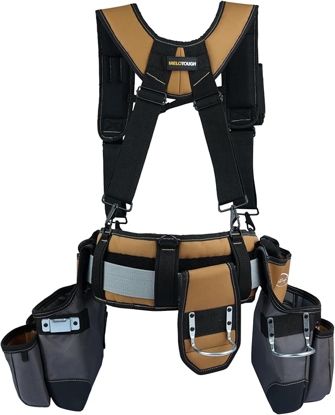 MELOTOUGH 28-Pocket Pro Framer's rig Combo Apron Tool Belt and Heavy Duty Padded Suspenders with Magnetic Desinger for Technician/Carpenter/and Electrician's Tools (Khaki)