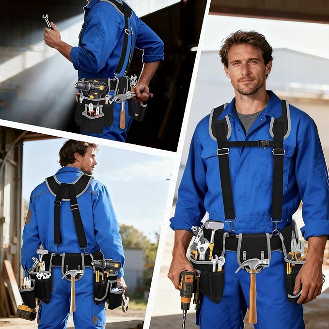 Tool belts for men - multi-functional detachable adjustable tool belt with shoulder strap magnetic wristband set, suitable for electricians and carpenters。 (black and gray)