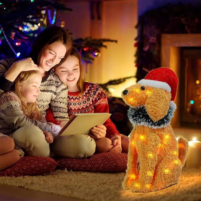 Christmas Outdoor Decoration Lighted 3D Golden Retriever Dog Xmas LED Warm Lights Decor Indoor, Battery Powered Outdoor Holiday Decorations for Home, Yard, Garden
