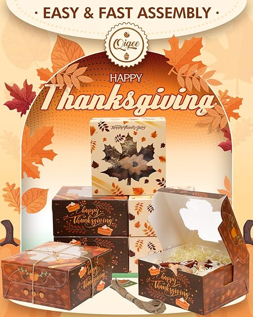 qiqee Thanksgiving Bakery Box with Window 60packs 6x6x3 Gold Leaves Cookie Boxes Pastry Box for Thanksgiving Day