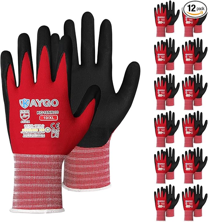 KAYGO Safety Work Gloves MicroFoam Nitrile Coated-12 Pairs, KG18NB,Seamless Knit Nylon Glove with Black Micro-Foam Nitrile Grip,Ideal for General Purpose,Automotive,Home Improvement