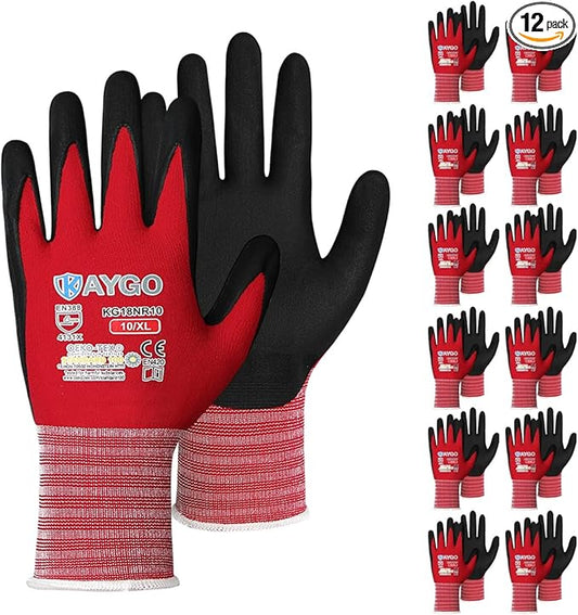 KAYGO Safety Work Gloves MicroFoam Nitrile Coated-12 Pairs, KG18NB,Seamless Knit Nylon Glove with Black Micro-Foam Nitrile Grip,Ideal for General Purpose,Automotive,Home Improvement