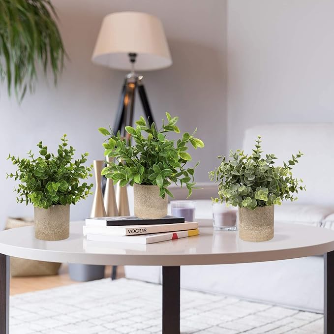 Briful Artificial Potted Plants Set of 3 Small Faux Plant Eucalyptus Mini Fake Plant Decor for Home Table Office Room Desk Bathroom Shelf Kitchen Rustic Farmhouse Mantel Decoration
