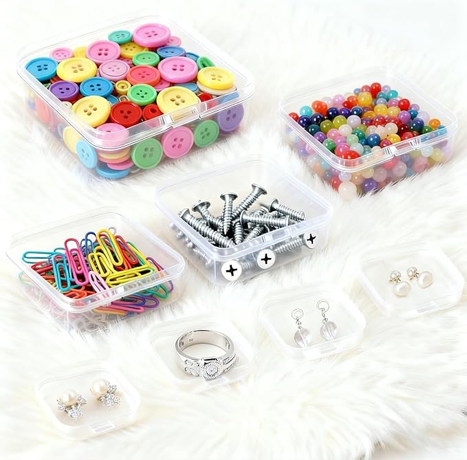 14 PCS Clear Plastic Small Storage Containers with Lids, Mini Rectangular Organizer Boxes in Multiple Sizes for Jewelry, Beads, Buttons, Nail Arts, Seeds, Screws, Thread and Other Small Parts