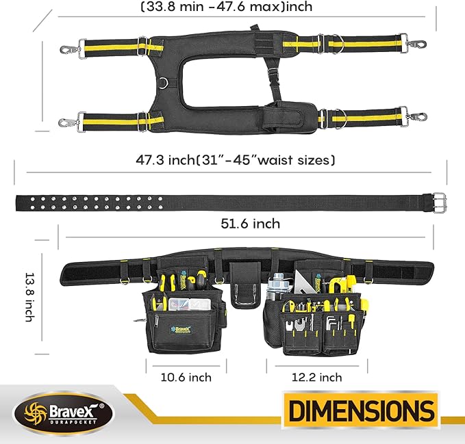 Tool Belt Suspenders Tool Vest Ultra Anti-Wear Tool Belt 20-Pocket Pro Framer's Combo Apron Tool Belt and Yoke-style Suspenders-1200D for Men