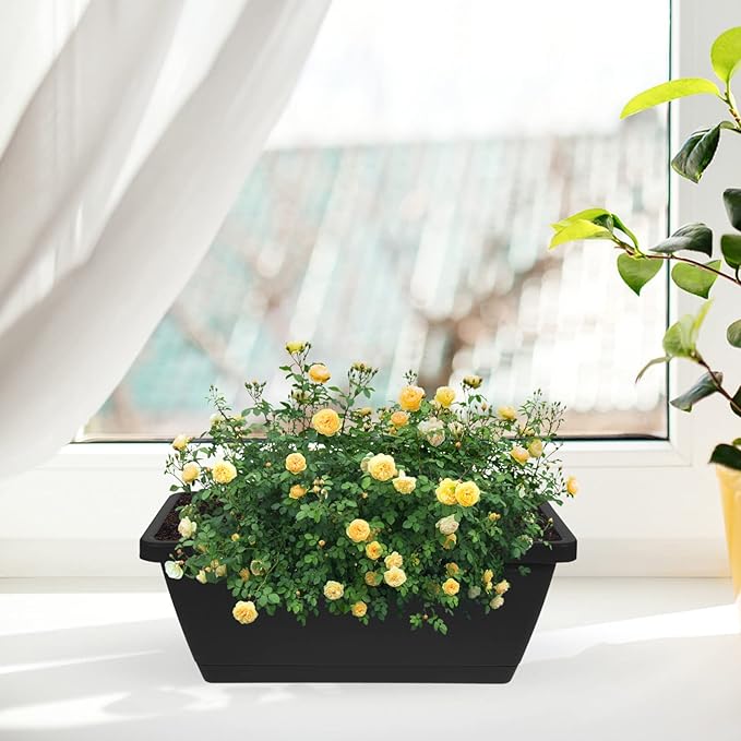 Alipis 4Pcs Window Box Planter - Plastic Vegetable Flower Planters Boxes 14 Inches Rectangular Flower Pots for Indoor Outdoor Garden, Patio, Home Decor Black