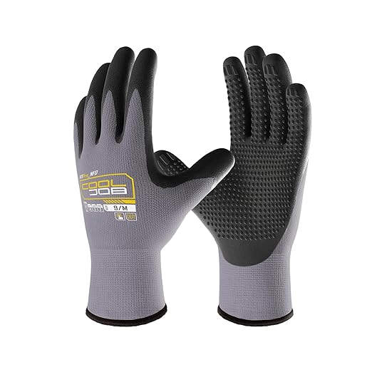 COOLJOB 6 Pairs Nitrile Rubber Coated Nylon Safety Work Gloves Pack Bulk, Dotted for Non-Slip Grip, Breathable Soft Seamless Knit Nitrile Dipped Gloves for Warehouse, Home Improvement, Yard, Medium