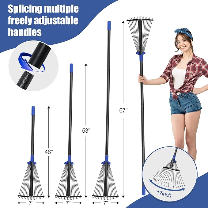 Adjustable Leaf Rake, 53” Long Handle Garden Rakes for Lawns Leaves with Expandable Head 8-17", Yard Women Kids Rake for Gardening RV Camping