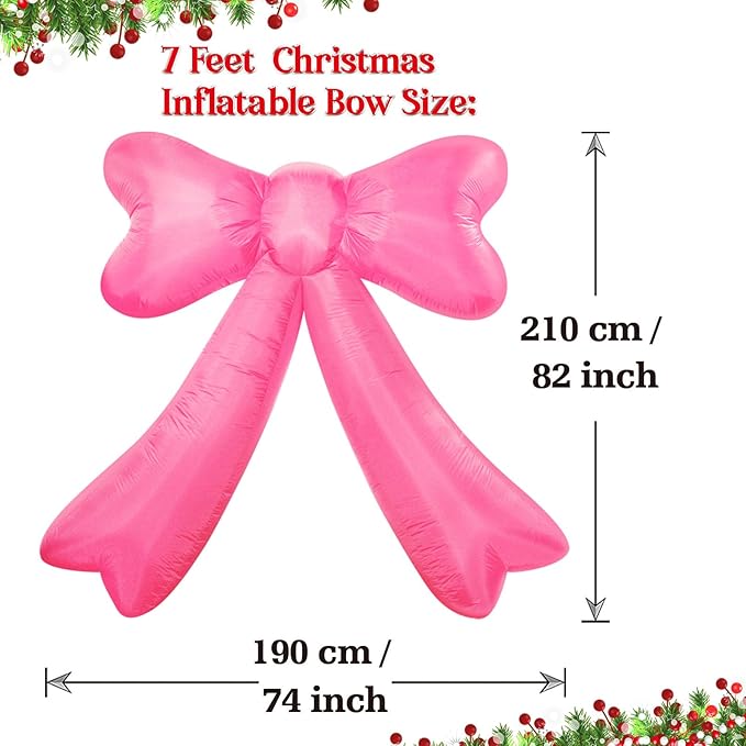 Christmas Inflatables Bow Lighted Yard Lawn Inflatable Decoration with Built-in Fan and Stakes Ropes Holiday Party Decor, Christmas Decor (7FT-Pink Bow)