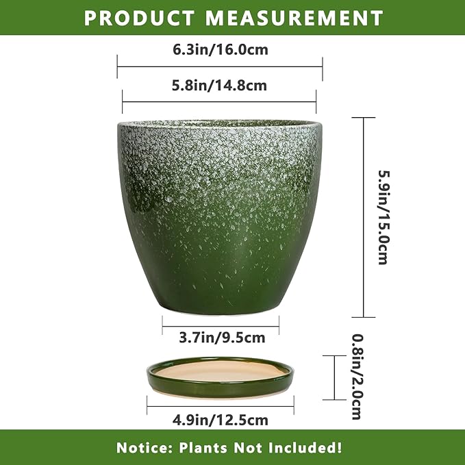 Ceraimc Plant Pot - 6.3 Inch Planter with Drainage and Plant Tray, Round Succulent Planters, Decorative Flower Pot for Indoor, Room Office Patio House Decor, Gifts for Women Men, Green