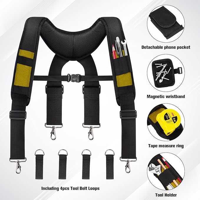 Tool Belt Suspenders, Work Belt Suspender with Magnetic Wristband, Suitable for Construction Electrician Tool Belt with Adjustable Front and Back Straps (Yellow)