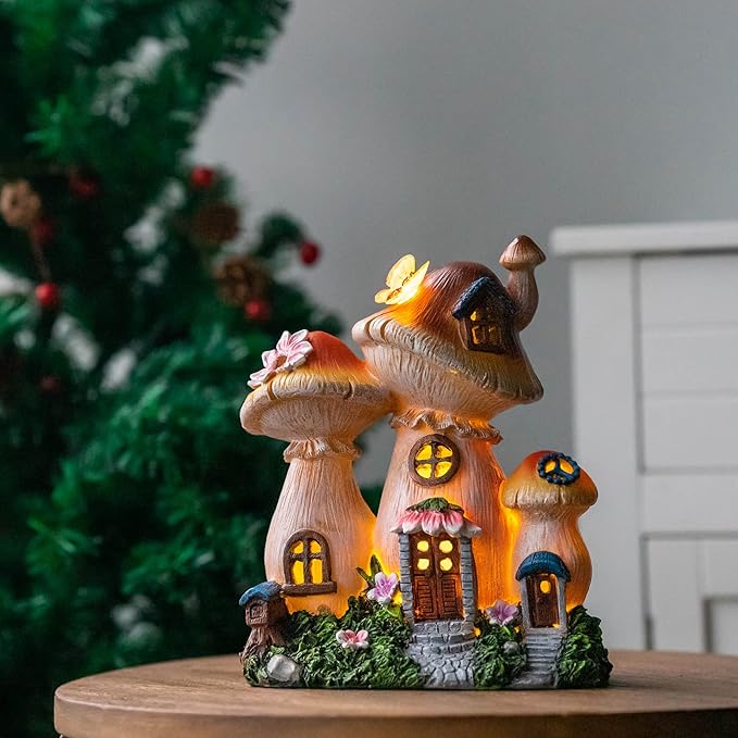 Solar Garden Statue Lights Mushroom Fairy House Figurine, Outdoor Memorial Garden Ornaments Waterproof Decoration for Outside Patio Yard Lawn Decor