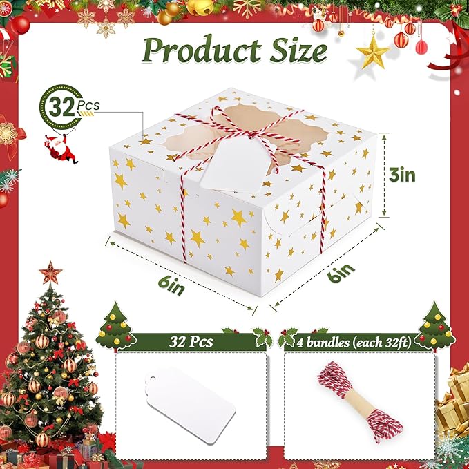 32Pcs 6x6x3 in Christmas Cookie Boxes with Window, White Bakery Boxes for Cookie, Treat Boxes Pastry Boxes for Gift Giving, Chocolate Covered Strawberries, Dessert, Donut, Cupcakes Muffins