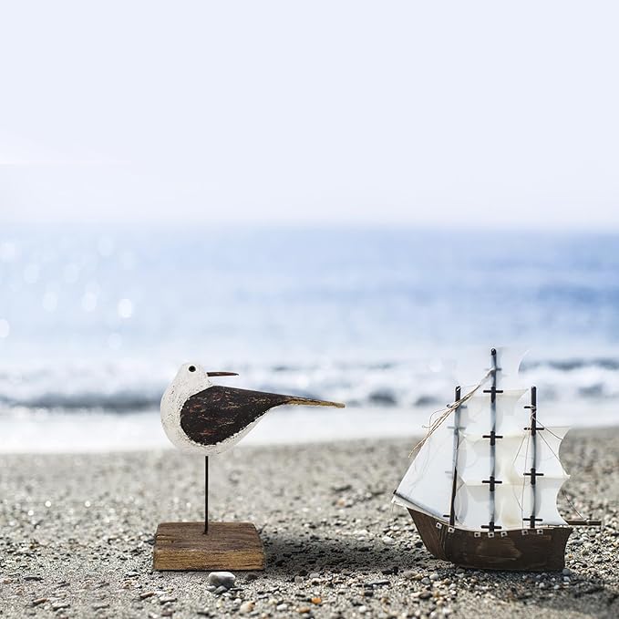 Aecipl Wooden Sea Bird Statue Seagull On Stand Decor Nautical Coastal Birds Sculpture Indoor Outdoor Animal Figurine Beach Themed Decoration Rustic Home Art for Bedroom Garden (H)