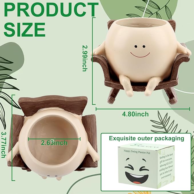 Cute Resin Flower Head Planters, Smily Face Planter Pots for Indoor Plants, Sit Rocking Chair Succulent Flower Pots with Drainage Hole, Gift IdeaI for Birthday