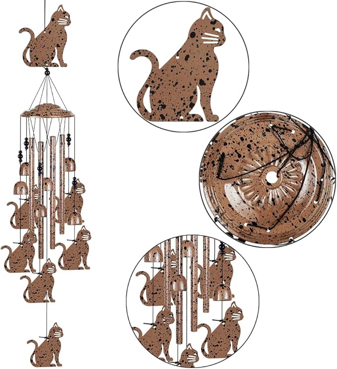 Outdoor Cats Wind Chimes Indoor Decor - Hand-Made Mobile Romantic Brown Wind Catcher, 36" Cat Wind Bells for Home, Balcony, Patio, Garden Festival Decoration, Gift for Mom(4 Tubes, 6 Bells, 7Cats)