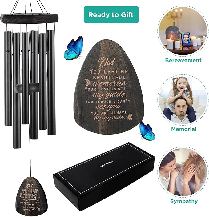Sympathy Gifts for Loss of Dad 32" Memorial Wind Chimes for Loss of Father Bereavement Condolence Gifts Sympathy Windchimes in Memory of Father Dad Papa Butterfly Wind Chime with Cardinal Card