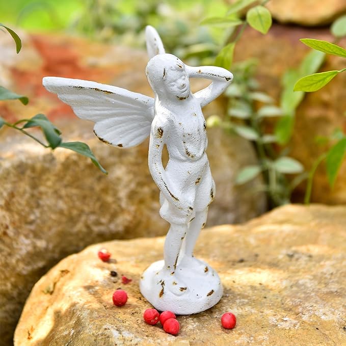 Sungmor Cast Iron Angel Statue, Set of 2 Rustic White Garden Fairy Figurines, Creative Angel Pixie Collection Home Office Desk Decor, Indoor Outdoor Fairy Garden Accent Ornament
