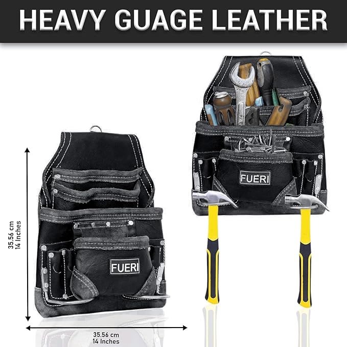 FUERI 16 Pocket Leather Tool Belt with Padded Suspender for Carpenters, Construction, Electricians, Framers Rig Pouches Holder Organizer Set