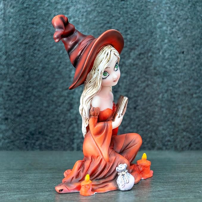 WingsHalloween Witch Resin Statue - Handheld Book Ornament (Red Hat and Red Dress) Living Room Bookshelf Magic Theme Home Decoration Birthday Gift Festival Party
