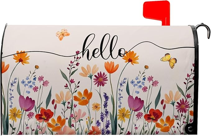 Hello Floral Mailbox Cover Summer Orange Flower Mailbox Covers Magnetic 25.5x21 inch Fall Watercolor Flowers Post Letter Box Cover Home Decor Outdoor Yard Decoration for Garden