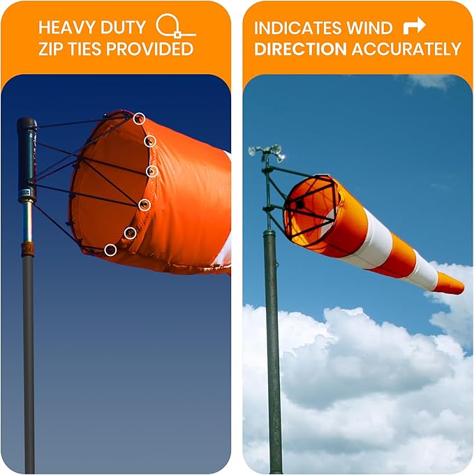 13"x56" Airport Windsock | Heavy Duty, All Weather, Waterproof, UV Fade Resistant, High Vis Fluorescent, Quad Stitched, Zip Ties Included, for Industrial, Ranch, and Agricultural Use | Orange & White