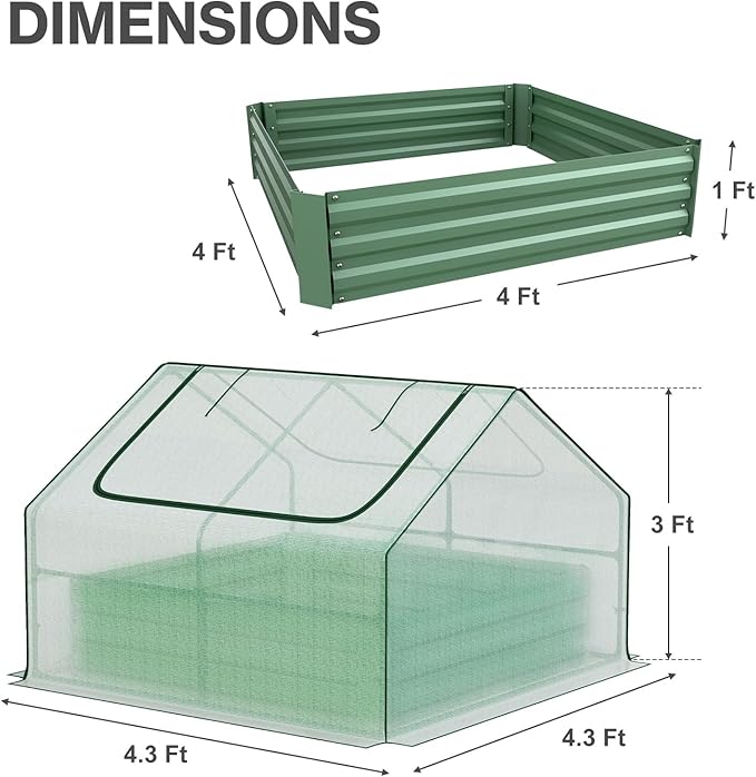 Aoodor 4 x 4 x 1 ft Galvanized Raised Garden Bed, Mini Greenhouse Kit with 2 Roll-up Zipper Doors for Vegetables, Flowers, and Herbs, White