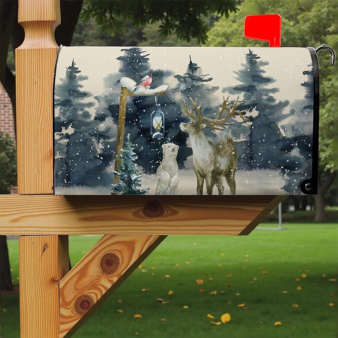 Winter Deer Mailbox Cover Bear Bird Mail Box Covers Magnetic Green Tree Mailbox Wraps 25.5x21 inch Outdoor Decor for Garden Yard