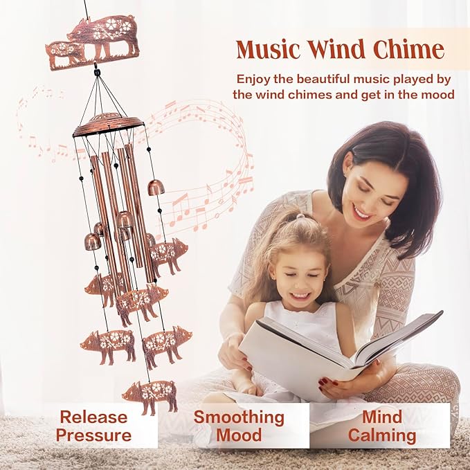 Pig Wind Chimes Outdoor Pig Gifts for Women Men Mom Dad Best Birthday Unique Gardening Gifts Metal WindChimes for Outside/Indoors, Lawn, Patio, Home, Yard Decor, Garden Decorations