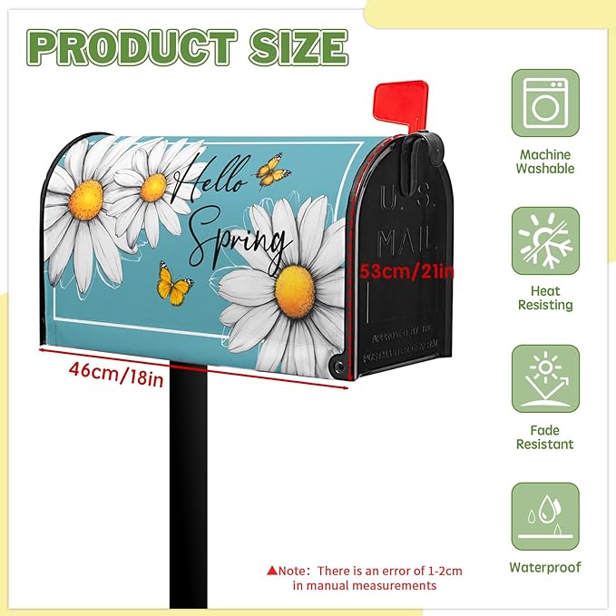 Spring Floral Daisy Mailbox Cover Magnetic Standard Size 21x18 in Floral Butterfly Post Letter Box Cover Decorations for Outside Garden Yard Blue