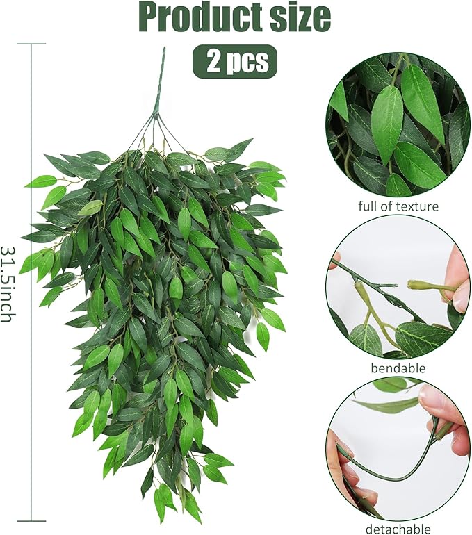 RECUTMS Artificial Hanging Willow Leaves Vine Twigs 2PC, Fake Silk Weeping Willows Leaf Plant Faux Italian Ruscus Greenery Indoor Outdoor Home Garden Wedding Arch Jungle Birthday Party Spring Decor