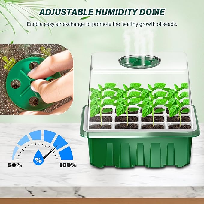 Seed Starter Tray with Grow Light, 5 Pack/60 Cells Seed Starter Kit, Seedling Starter Trays with Dome, Heightened Lids for Greenhouse Seeding Planting Growing (Green).