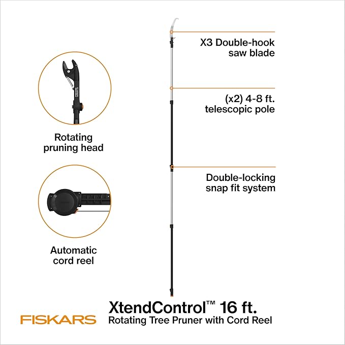 Fiskars XtendControl Extendable Tree Pruner (16 ft), Adjustable Branch Trimmer with Rotating Pruning Head, 15" X3 Double-Hooked Saw, 4-8 ft Extension Poles & Automatic Cord Reel for Precision Cutting