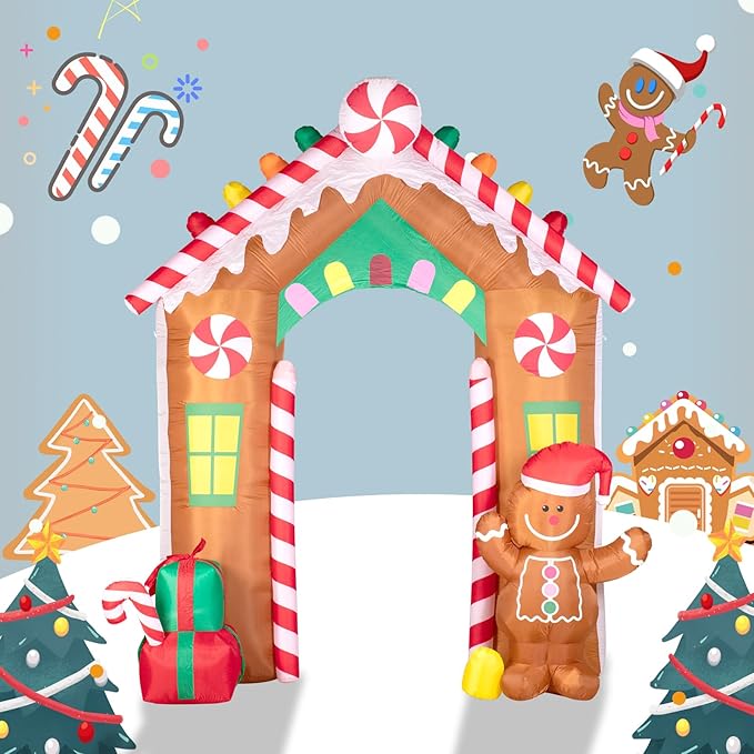 Hioasis 10 FT Christmas Inflatable Decorations - Archway with Gingerbread Man and Gift Box X-mas Outdoor Inflatables with LED Lights Built-in Perfect for Christmas Party&Holiday&Yard&Garden