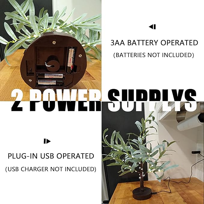 Fudios Little Lighted Tree with Timer 18in 50 LED USB Battery Operated Table Top Bonsai Olive Trees Light Artificial Plant for Home Decor Indoor