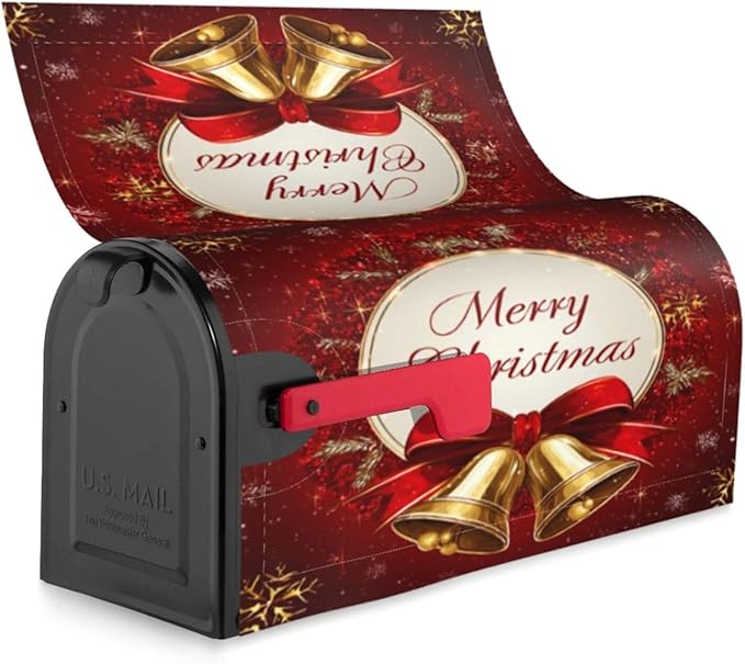 Festive Magnetic Mailbox Cover Red Christmas Bell Pattern Outdoor Mailbox Protector Holiday Seasonal Decorative Garden Yard Home Standard Size 21 x 18 Inch