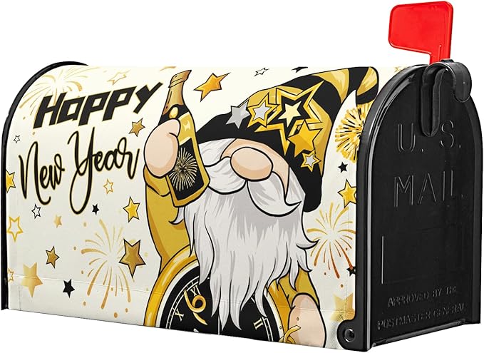 Happy New Year Mailbox Covers Magnetic Standard Size 21x18 Inch Dwarf Black Gold Decorations Mailbox Cover for Outdoor Garden Yard Decor