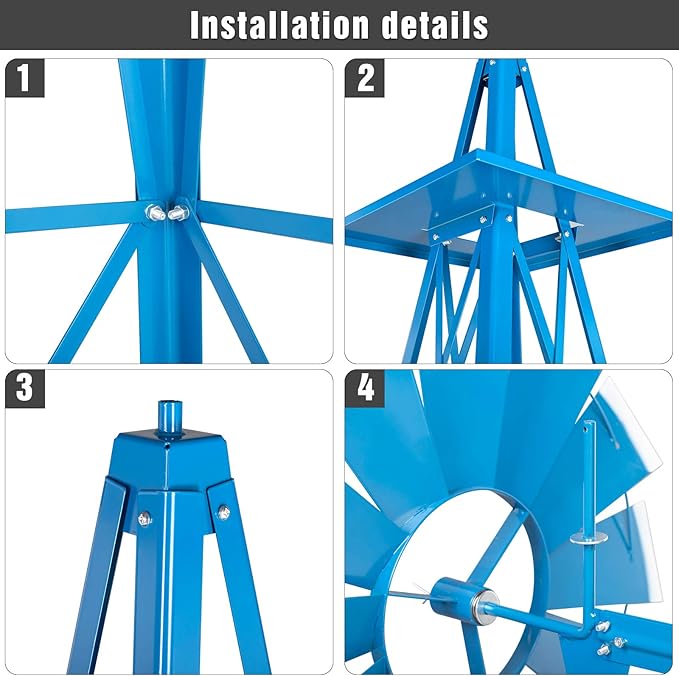 VINGLI Upgrade 8FT Ornamental Windmill Backyard Garden Decoration Weather Vane, Heavy Duty Metal Wind Mill w/ 4 Legs Design, Blue