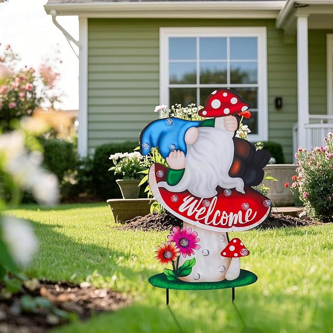 WONDER GARDEN Decorative Garden Stakes - Lighted Mushroom and Gnome Yard Sign Stakes with Flower, Spring Signs for Outdoor, Porch, Yard,Flower Bed Decor (Battery Operated)