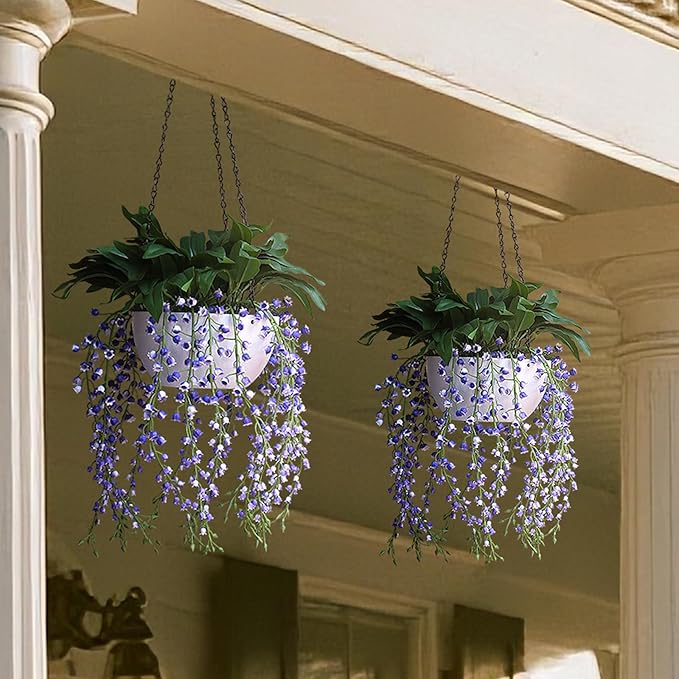 alyptus Hanging Planters for Indoor Plants Fake Flowers - 2-Pack Artificial Hanging Lily of The Valley with Pot - White Faux Flowers in Planters for Indoor Décor