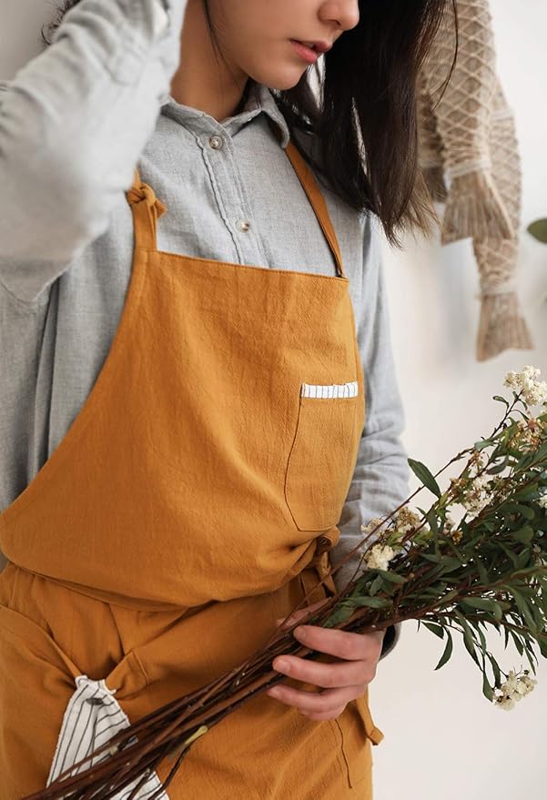 Soft Cotton Linen Apron - Retro Linen Art Apron, Adjustable Casual Apron with Towel, Great for Florist and Kitchen