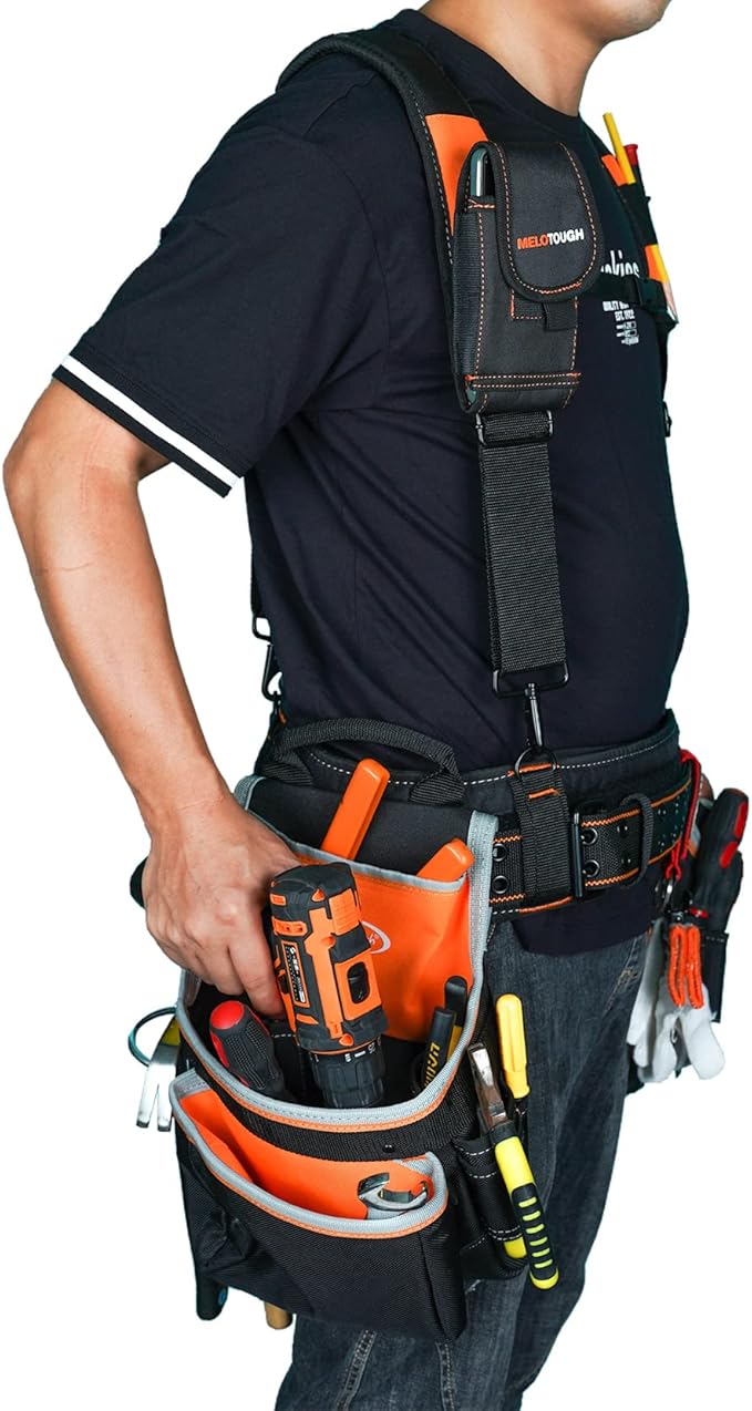 MELOTOUGH Pro Framer Combo System Tool Belt with Suspenders Construction Tool Pouch Builder Heavy Duty Carpenter Suspension Rig Tool Belt and Multi Function for electrician, roofing,contractor