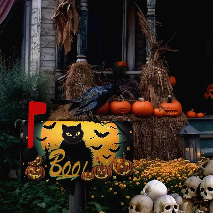 Halloween Mailbox Covers Black Cat Moon Pumpkin Magnetic Mailbox Wrap Castle Boo Spider Bat Mail Post Box Cover Standard Size 21x18 Inch for Garden Yard Decor
