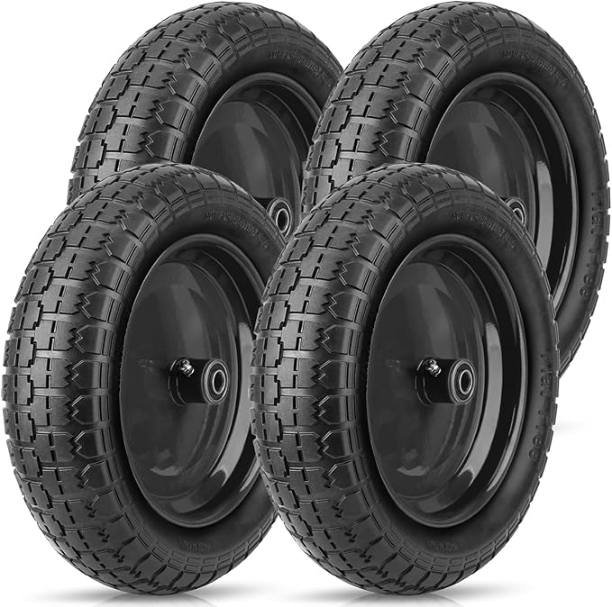 TICONN 4.80/4.00-8 Tire, 14.5" Flat Free Wheelbarrow Tire and Wheel, Solid Replacement Tires, 5/8" 3/4" Bearings, Universal Fit 4.80/4.00-8, 3.50/3.00-8, 4.00-6 (14.5" Black, 4PK)