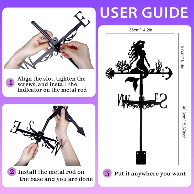 Little Mermaid Weathervane Coral Shells Metal Wind Vane Arrow Weathercock Garden Decoration Wind Direction Indicator Stake Roof Mount Ornament for Farmhouse Yard Outdoor