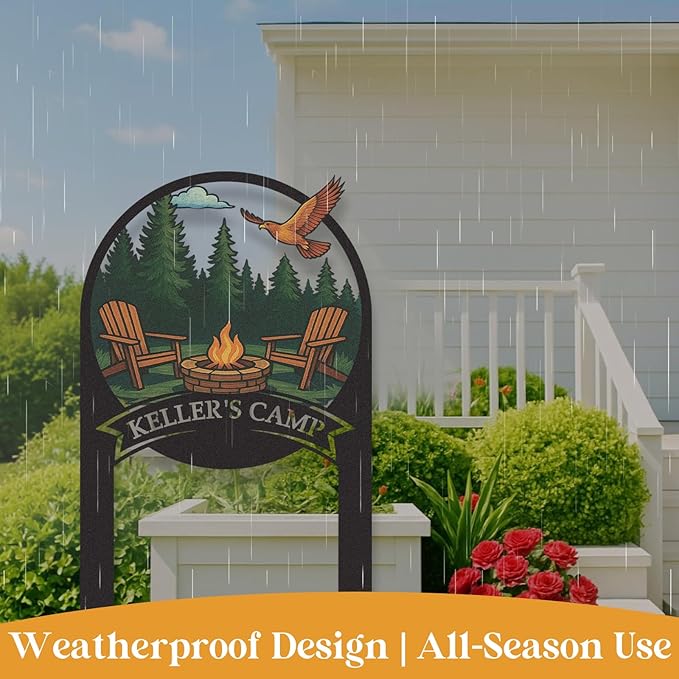 Personalized Camping Signs, Colorful Camping Decor for Outside, Customized Camp Name Sign with Stakes, Custom Signs Outdoor Metal, Metal Yard Art, Patio Decor, Gifts for Campers Color08