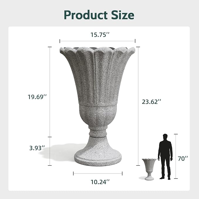 23.6" Tall Plastic Urn Planters for Outdoor Plants, Set of 2 Heavy-Duty Classic Indoor Large Flower Pots with Drainage Holes & Petal Design, Outdoor Planters for Porch, Home Garden, Grey