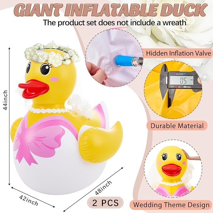 Hungdao 2 Pcs 4 ft Wedding Duck Floatie Inflatable Pool Floats Large Bride Groom Rubber Duck for Wedding Bridal Bachelorette Party Decoration Engagement Gifts (Not Include Wreath and Air Pump)