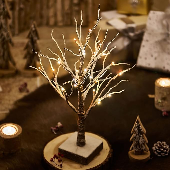 Fudios Lighted Snow Dusted Christmas Tree with Timer Battery Operated 18in Home Decor, Pre lit Artificial Tabletop Snowy Trees with 24 LED for Winter Party